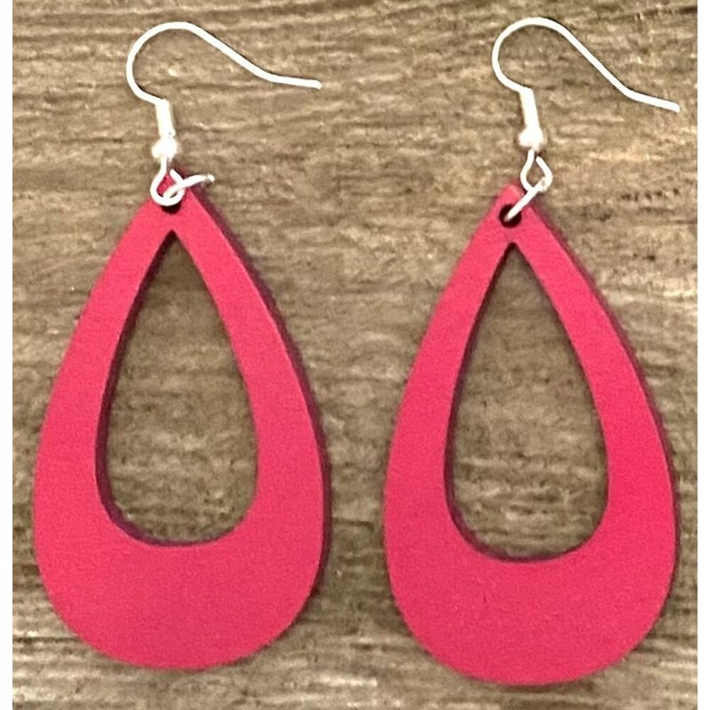 Wood Earrings - 2" x 1.63" - Offset Teardrop - Magenta - E007-33